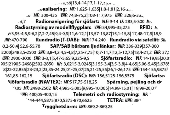Förstorat utsnitt av textförklaringarna, med frekvenser för bland annat sjöfartsradio, rundradio och TETRA.